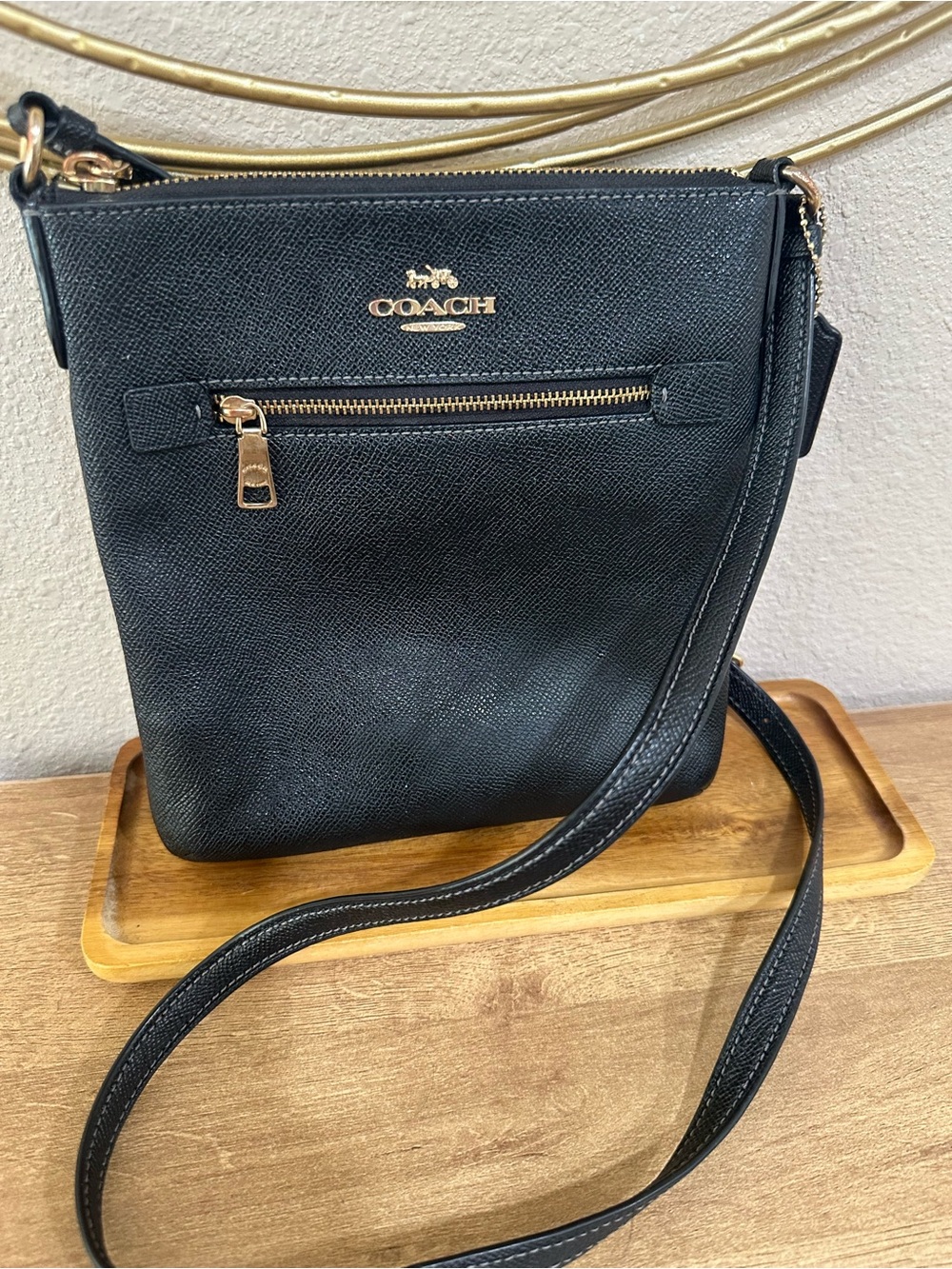 Coach Mini Rowan Black Leather Crossbody with Gold Hardware and Front Zip